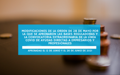 Modificaciones de la orden de 28 de mayo por la que se aprobaron las bases reguladoras y la convocatoria extraordinaria de la línea covid de ayudas directas a empresarios y profesionales aprobadas el 12 y el 26 de junio de 2021 (junio 2021)